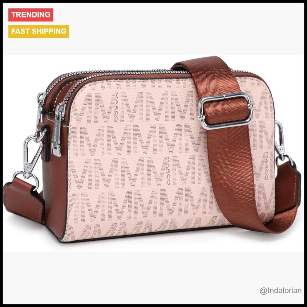 Vegan Leather Crossbody Bag Triple Zip Camera Purse Wide Strap Elegant